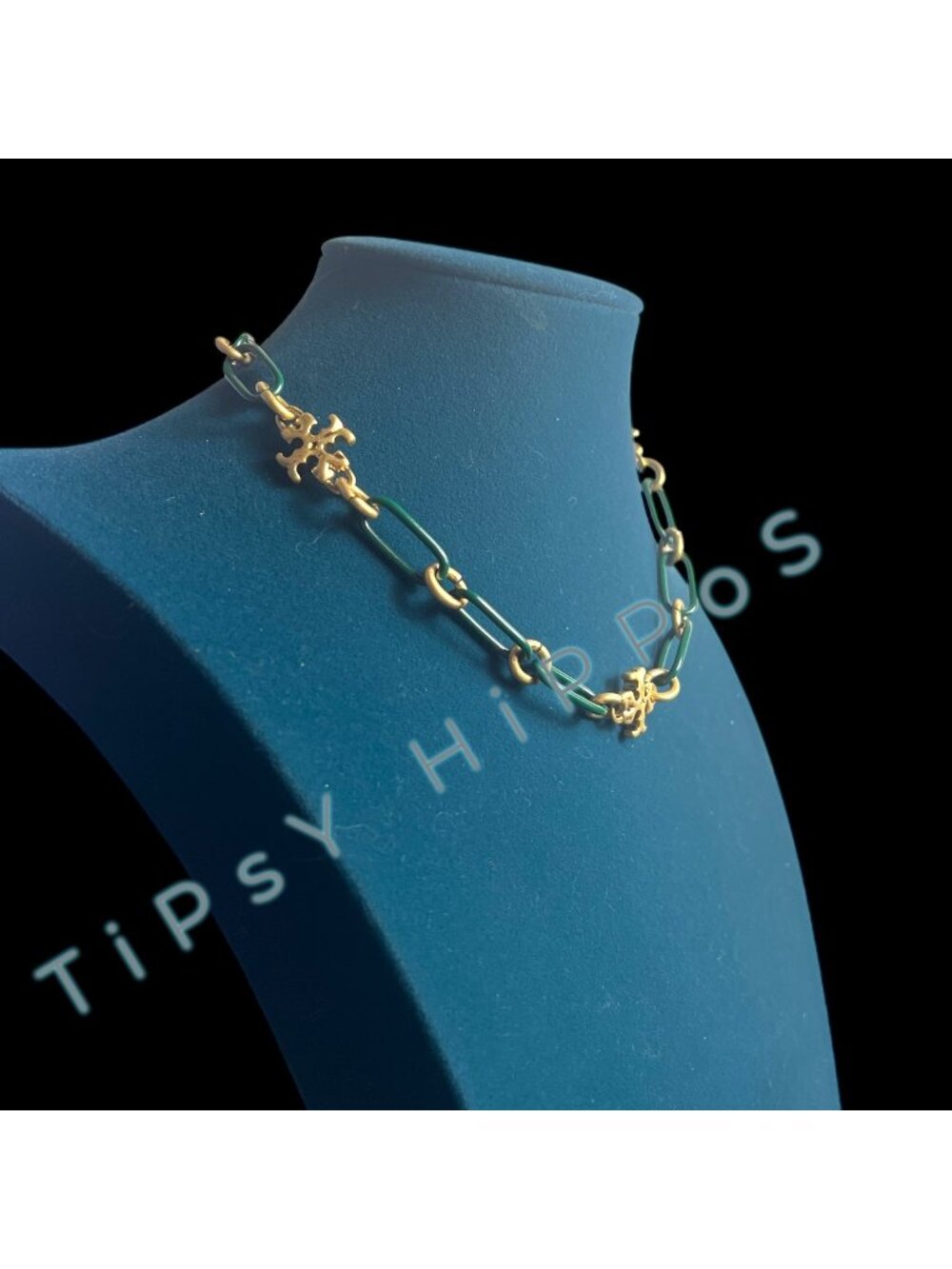 New!  Tory Burch Green Enamel and Gold Roxanne Chainlink Choaker Necklace